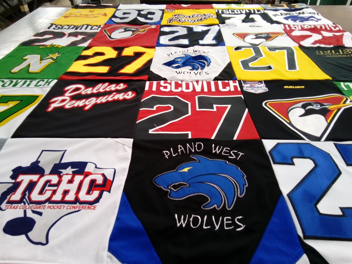 T-shirt quilt featuring dallas penguins, plano west wolves by Marni from TX