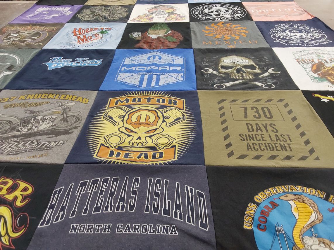 T-shirt quilt with motorcycles, beaches themes by Virginia from VA