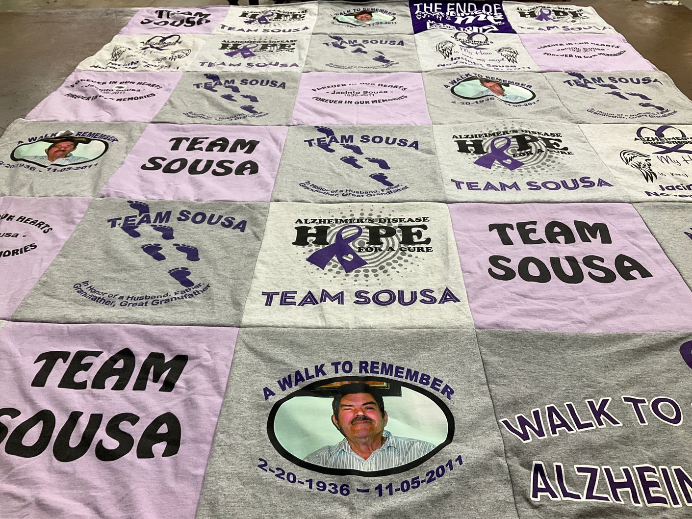 T-shirt quilt with alzheimers awareness, memory support themes by Sonia from MA