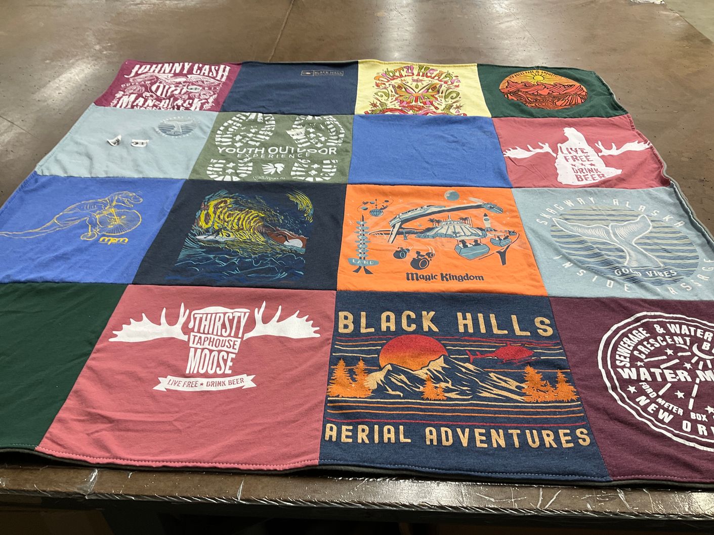 T-shirt quilt with outdoor activities, craft beer themes by Sarah from MN