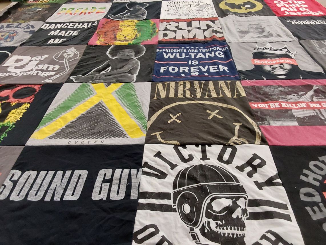 T-shirt quilt with music, hip hop themes by Ruth from FL