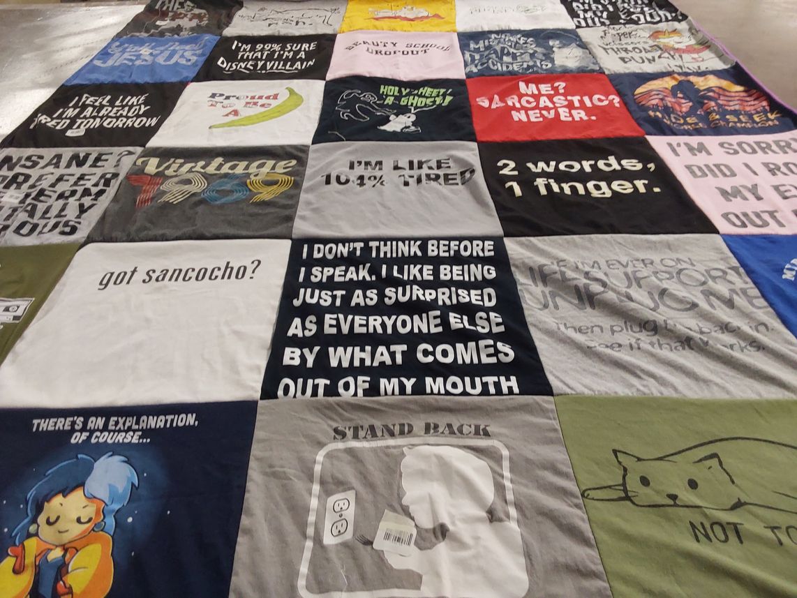 T-shirt quilt with humor, sarcasm themes by Dona from MA