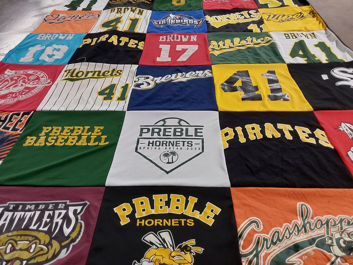 T-shirt quilt featuring preble hornets by Amy Jo from WI