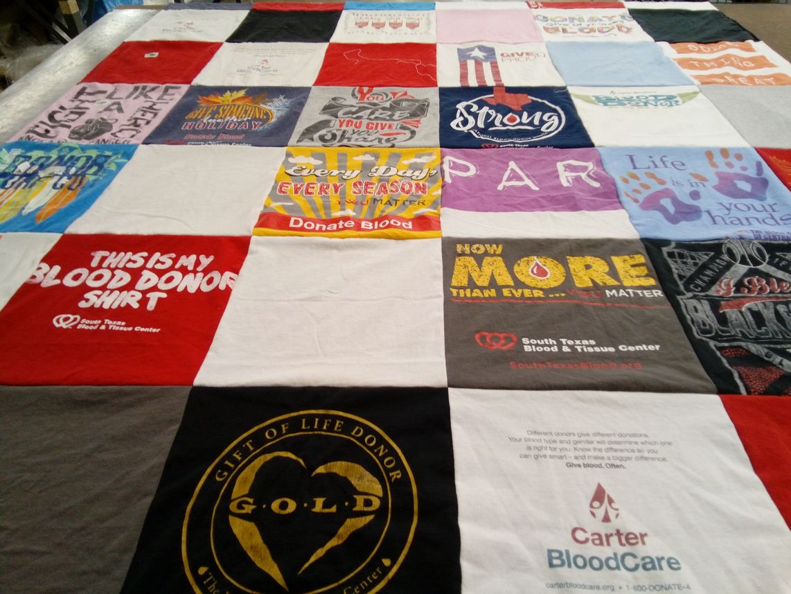 T-shirt quilt with blood donation, life saving themes by Lonnie from TX
