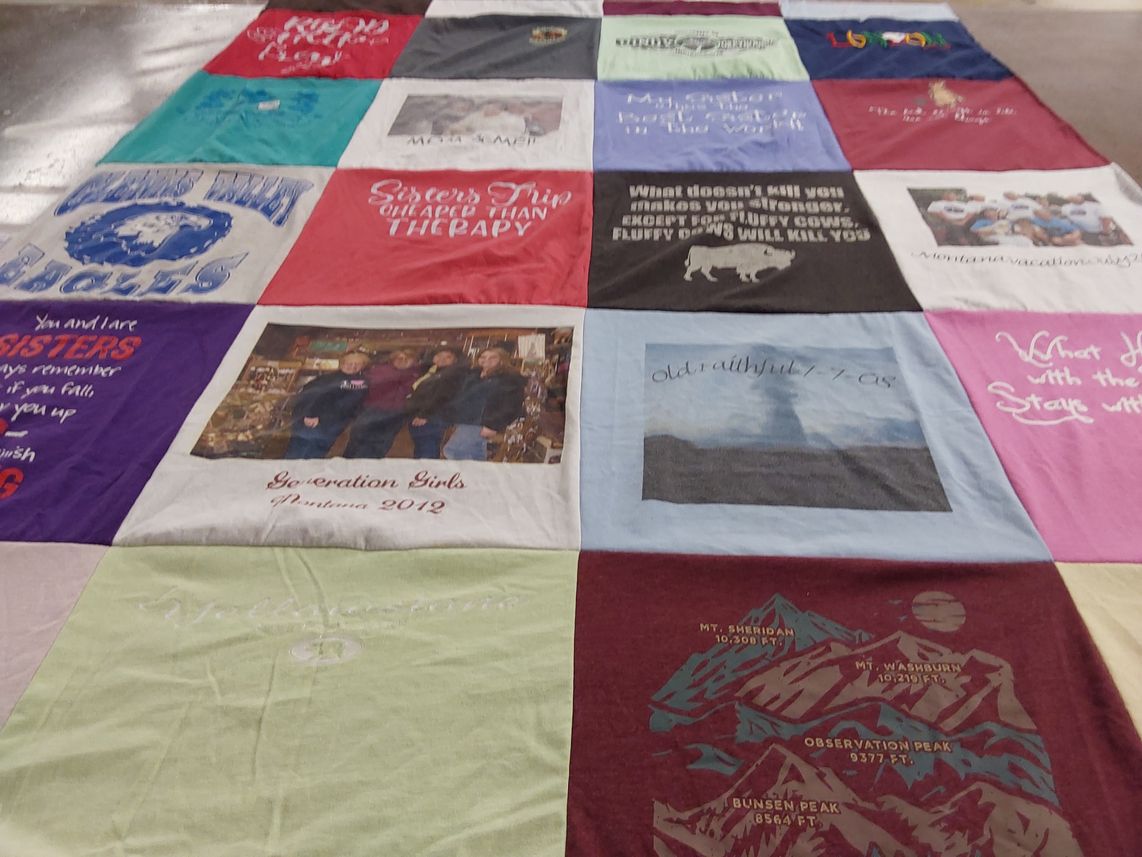 T-shirt quilt with sisterhood, travel themes by Betsy from MT