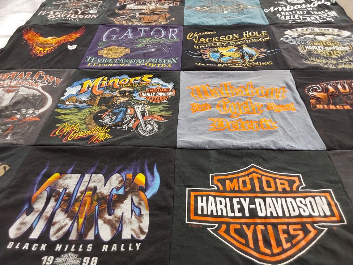 T-shirt quilt with motorcycles, biking themes by Sandra from WI