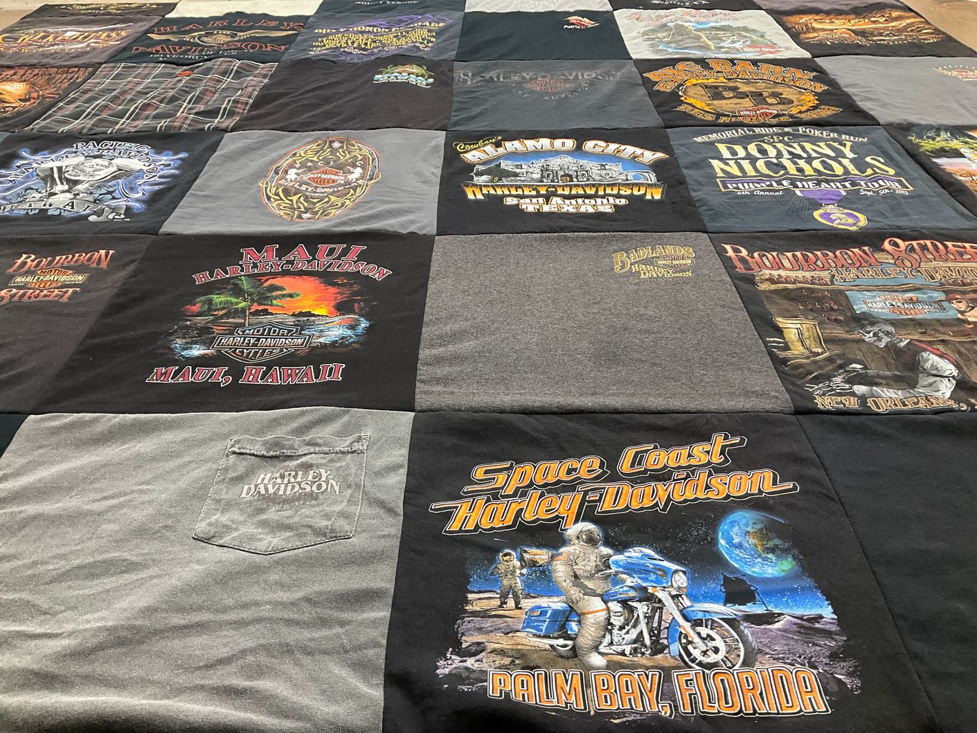T-shirt quilt with motorcycle, biking themes by Laura from IA