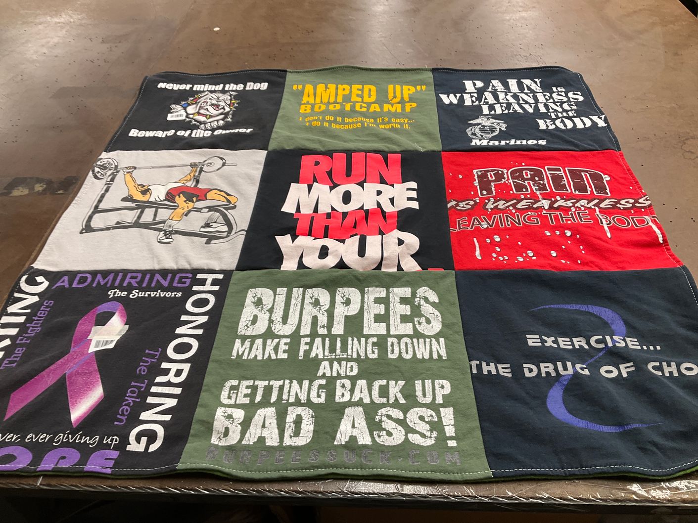 T-shirt quilt with fitness, exercise themes by Lisa from NC