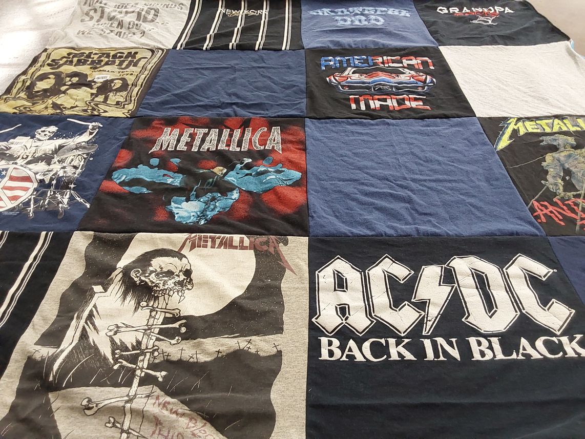 T-shirt quilt with music, rock themes by Laura from FL
