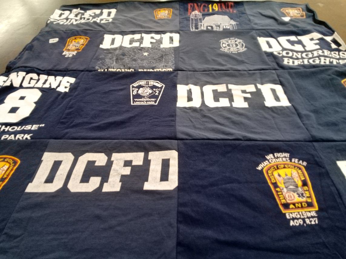 T-shirt quilt with firefighting, emergency services themes by Dana from DC