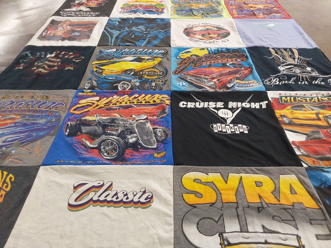 T-shirt quilt with cars, automotive themes by Paul from NY