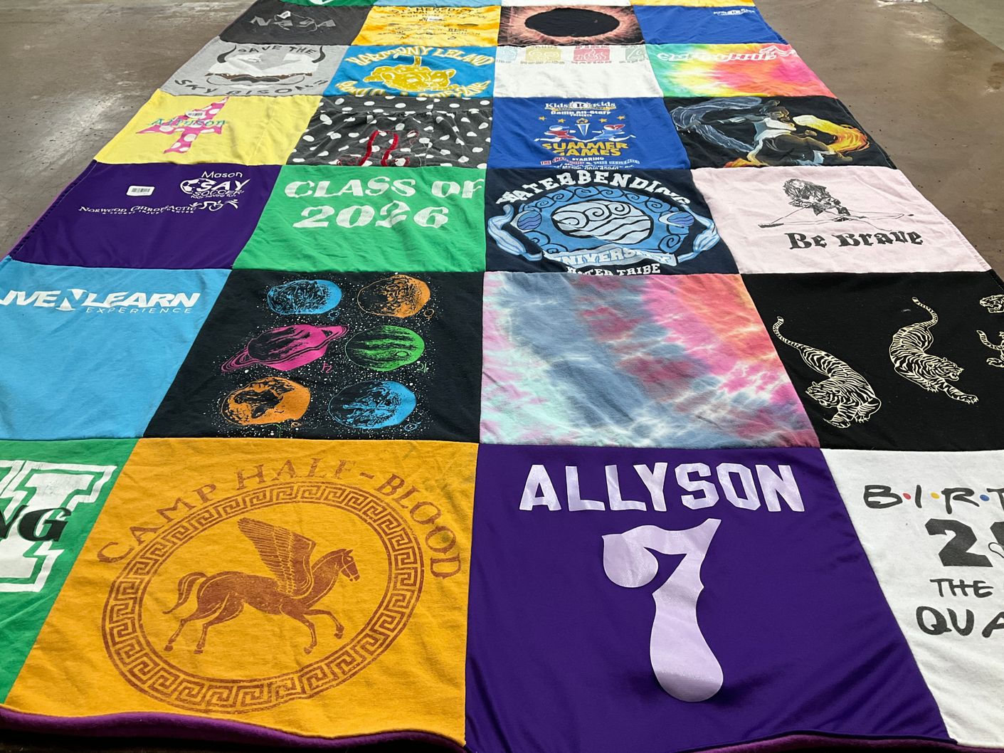 T-shirt quilt with camping, learning themes by Tonya from OH