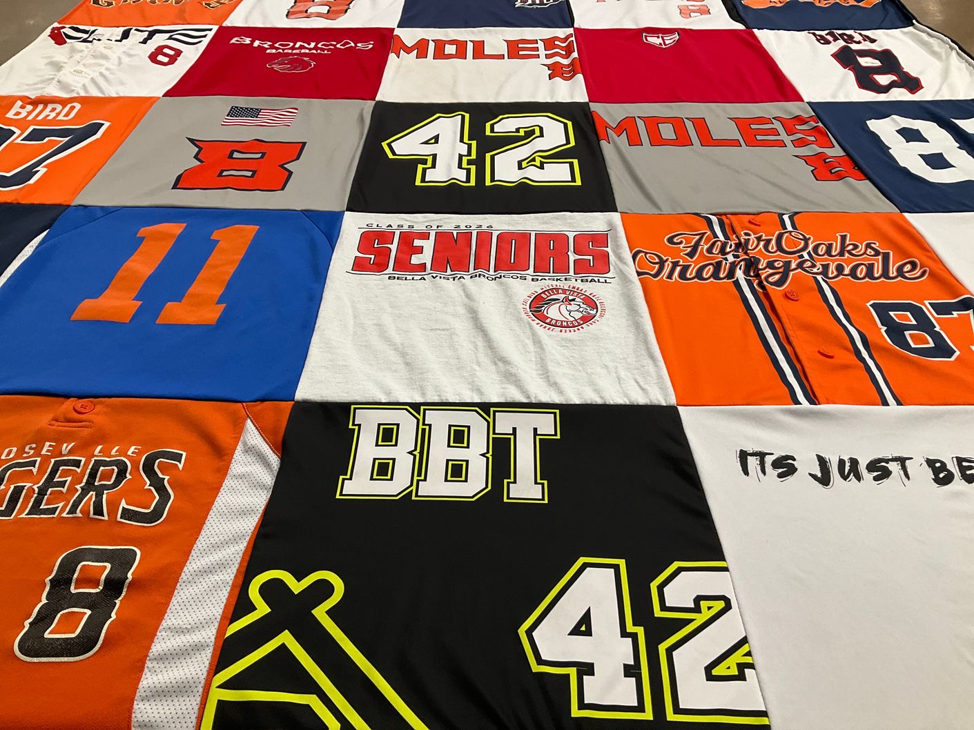 T-shirt quilt featuring broncos basketball, roseville tigers by Jenifer from CA