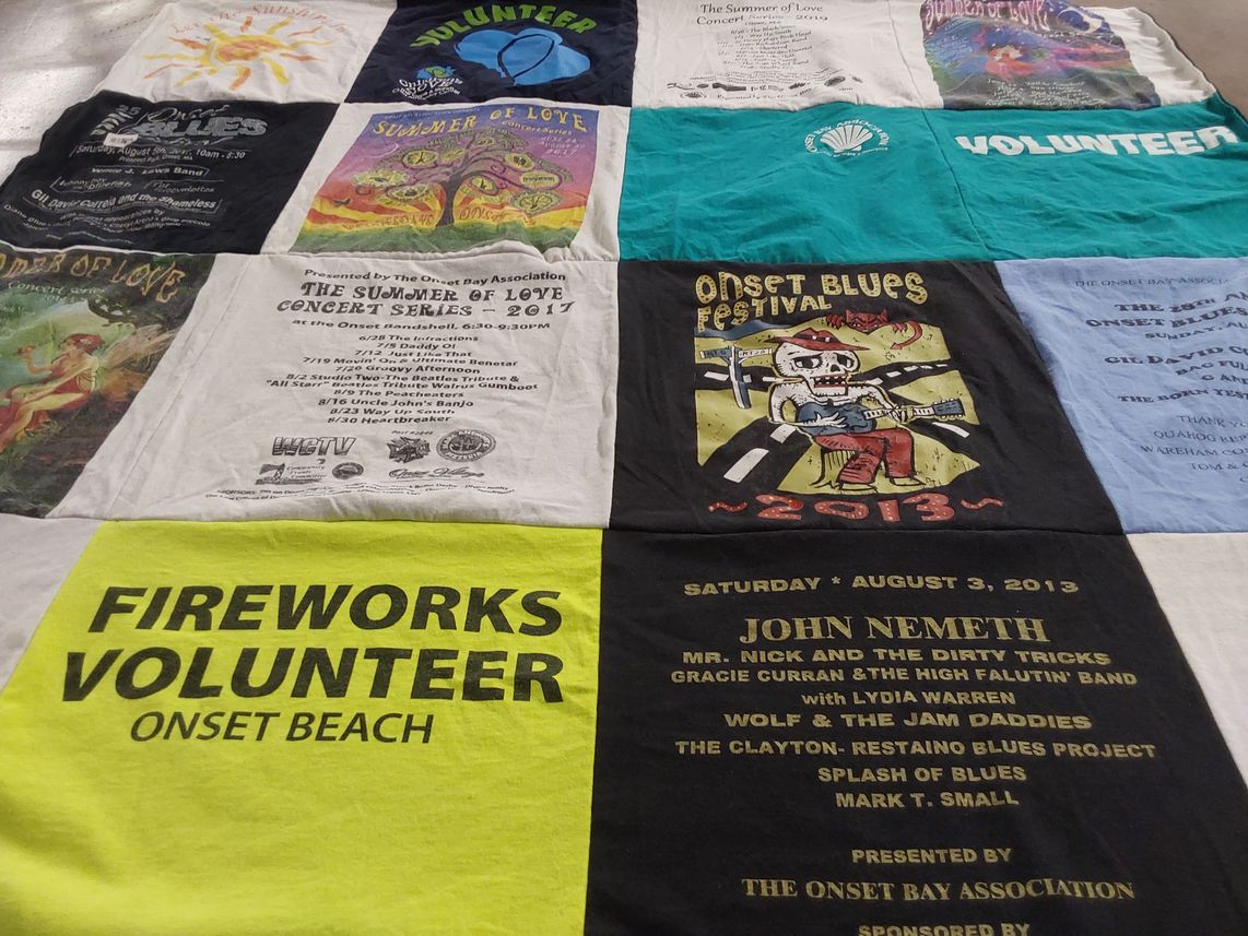 T-shirt quilt with music, concerts themes by Laura from VA