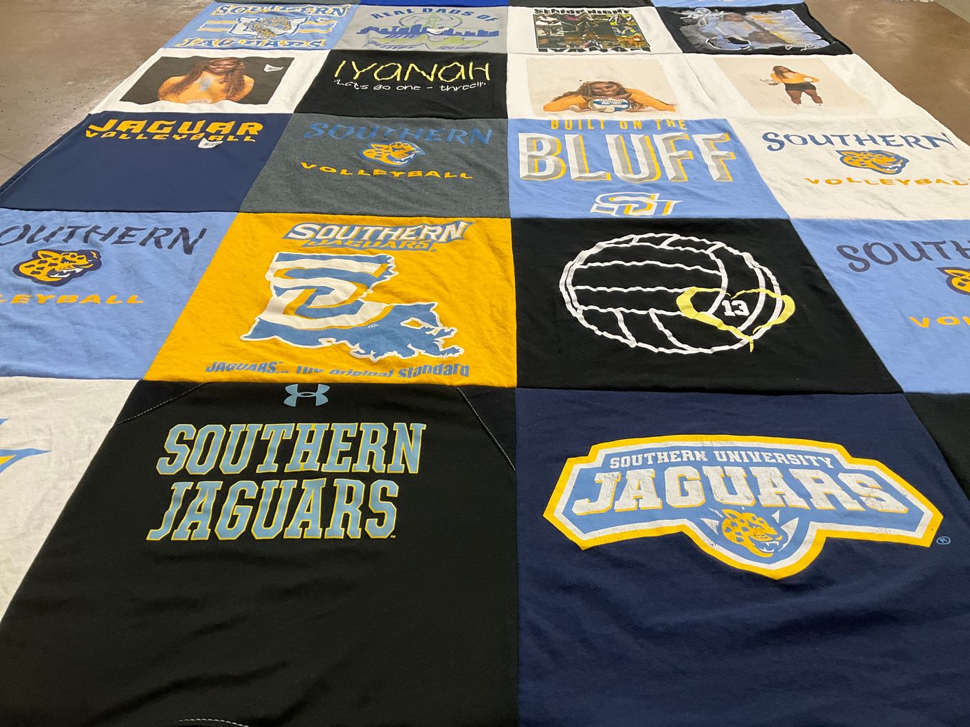 T-shirt quilt featuring southern university jaguars by Toriano from TX