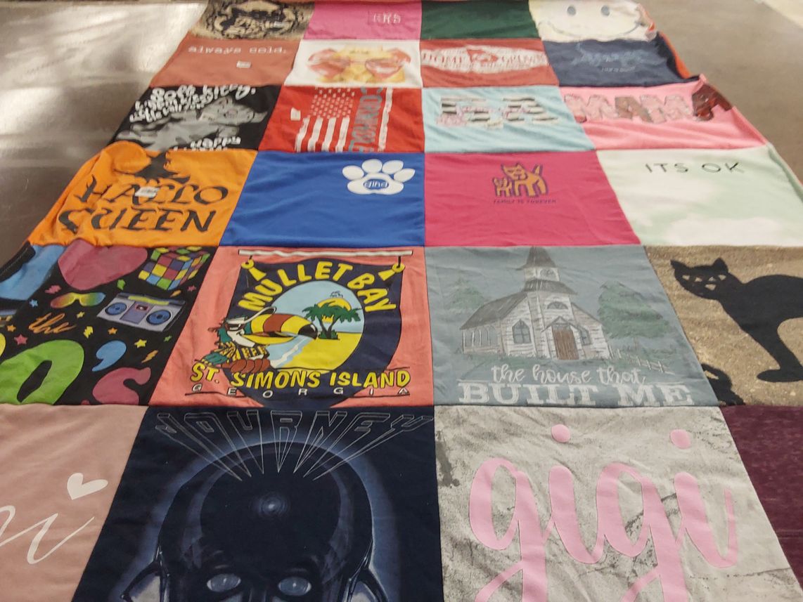 T-shirt quilt with music, travel themes by Jenna from GA
