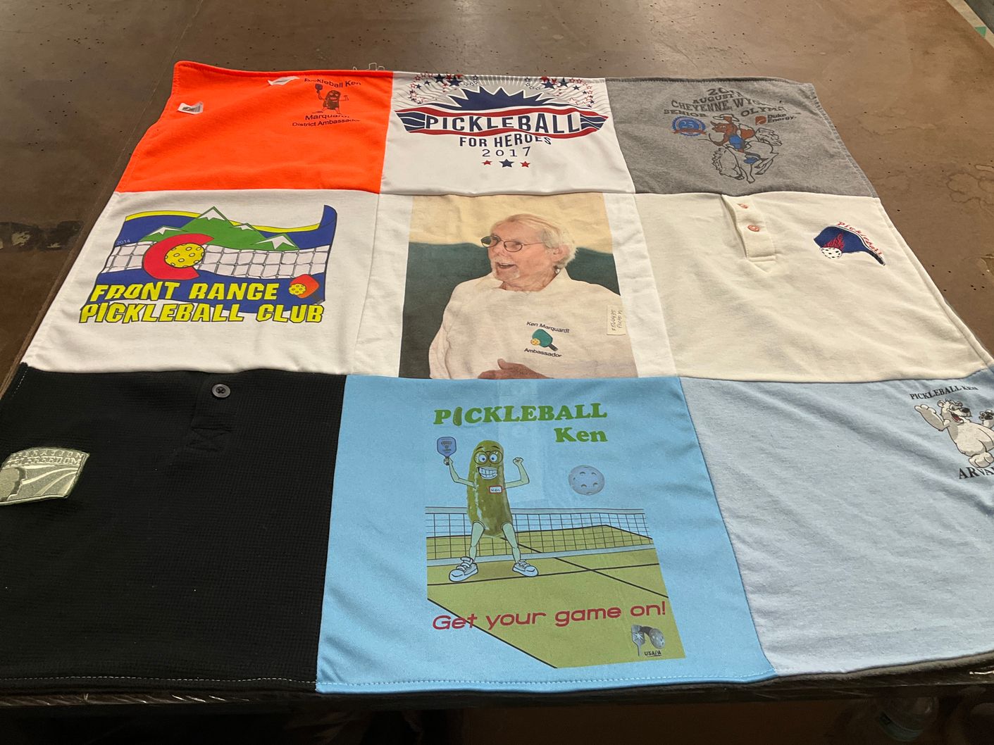 T-shirt quilt with pickleball themes by Maureen from CO