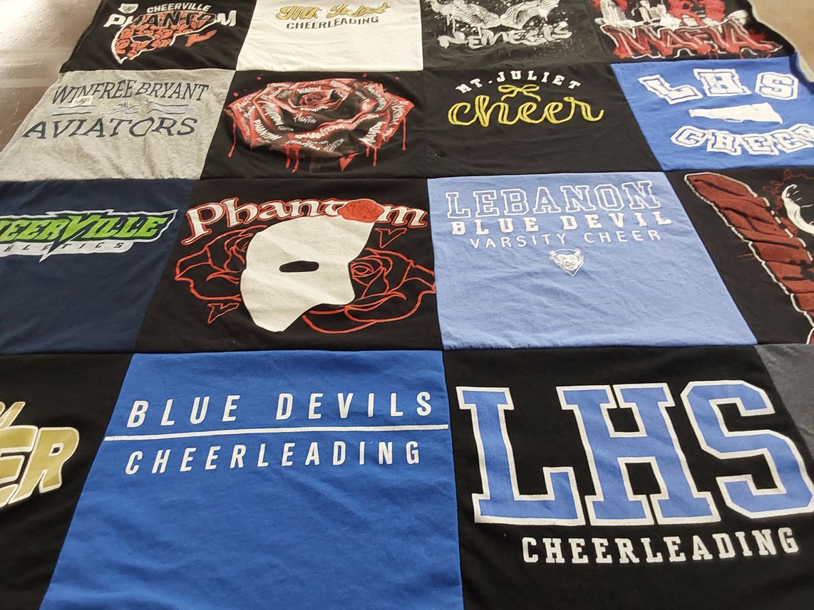 T-shirt quilt featuring lebanon blue devils varsity cheer, cheerville athletics by Felicia from TN