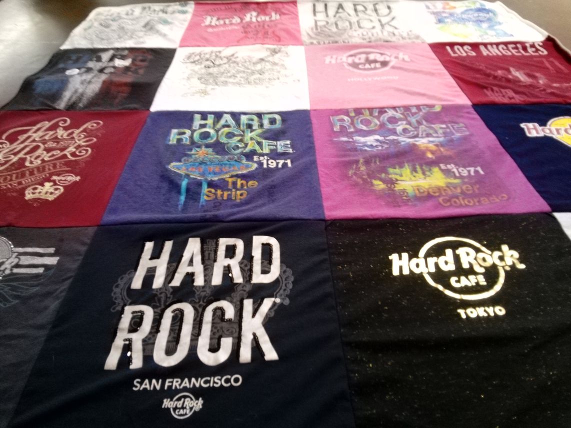 T-shirt quilt with music, restaurants themes by Marine from CO