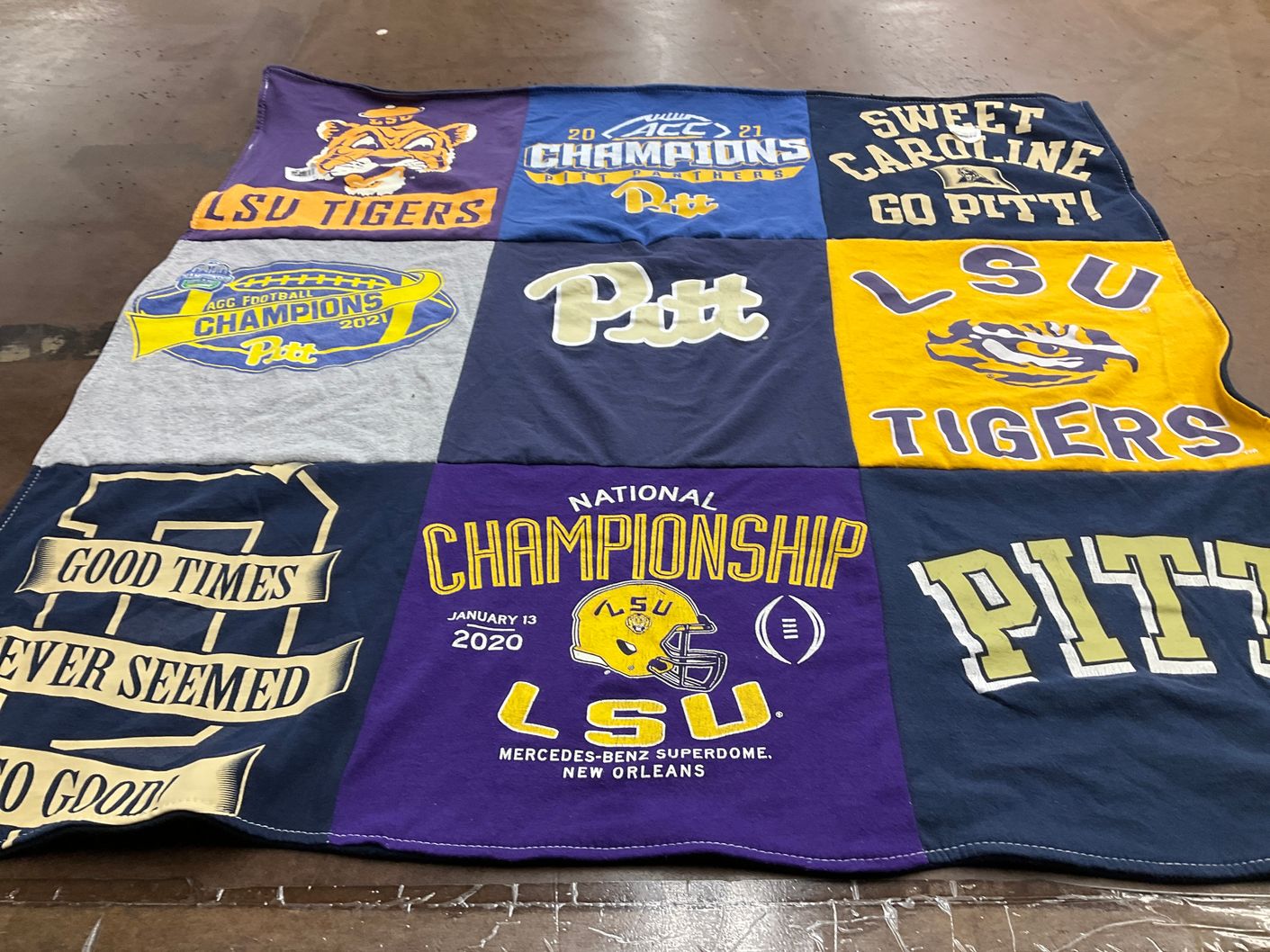 T-shirt quilt featuring louisiana state university tigers, university of pittsburgh panthers by Amy from FL