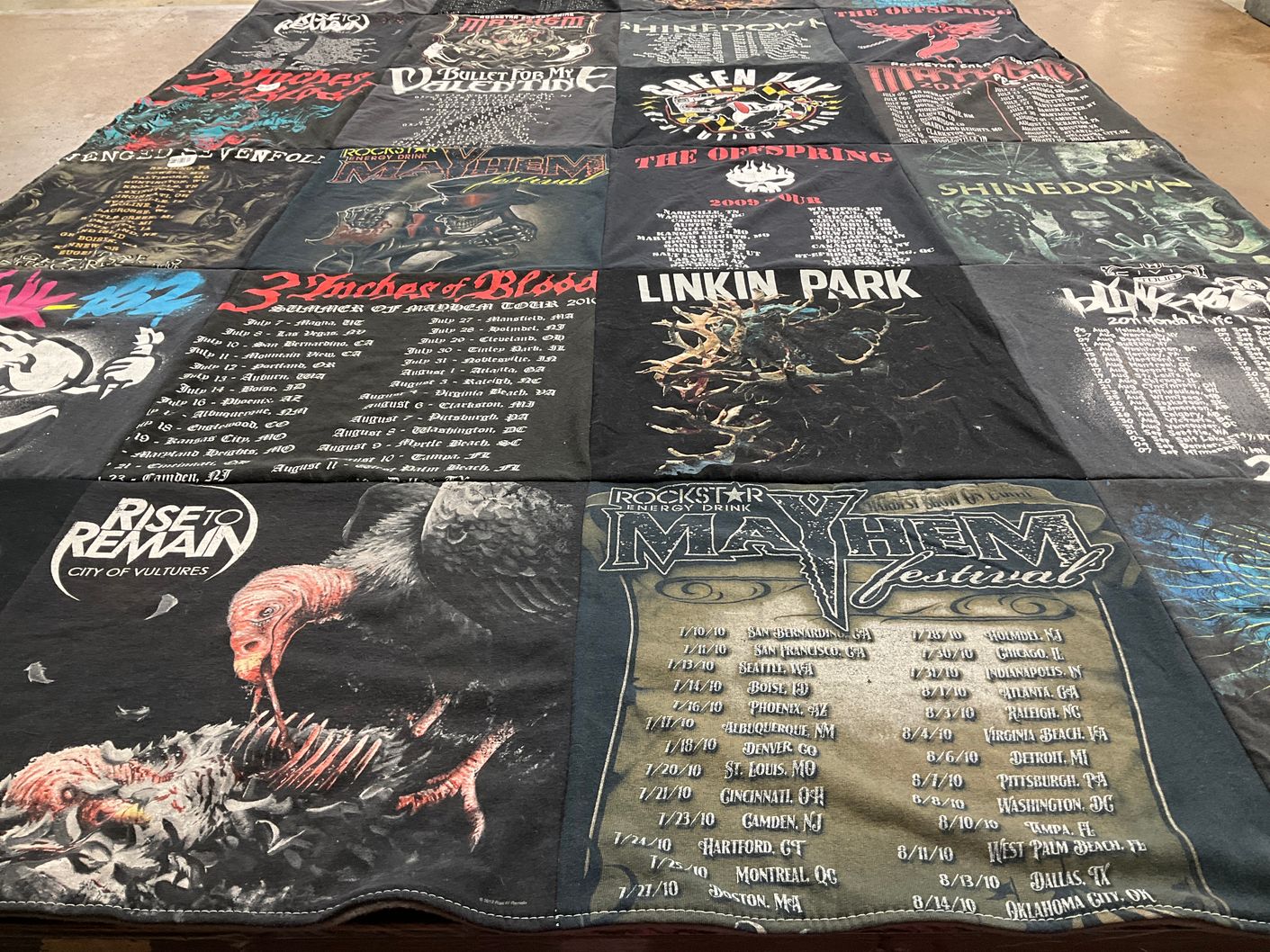 T-shirt quilt with music, rock themes by Elaine from IN