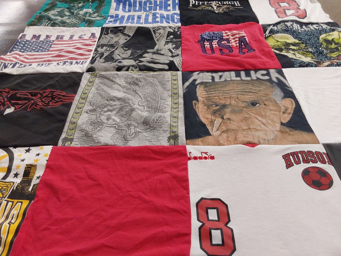 T-shirt quilt with music, patriotism themes by Elayne from MA
