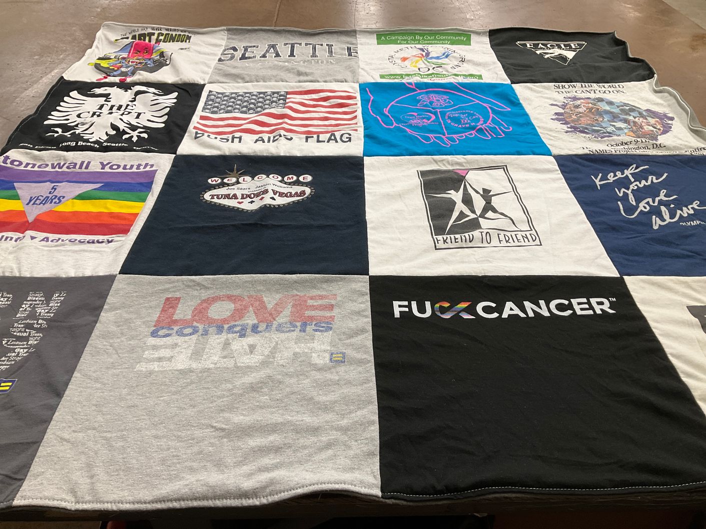 T-shirt quilt with advocacy, community support themes by Tony from TX