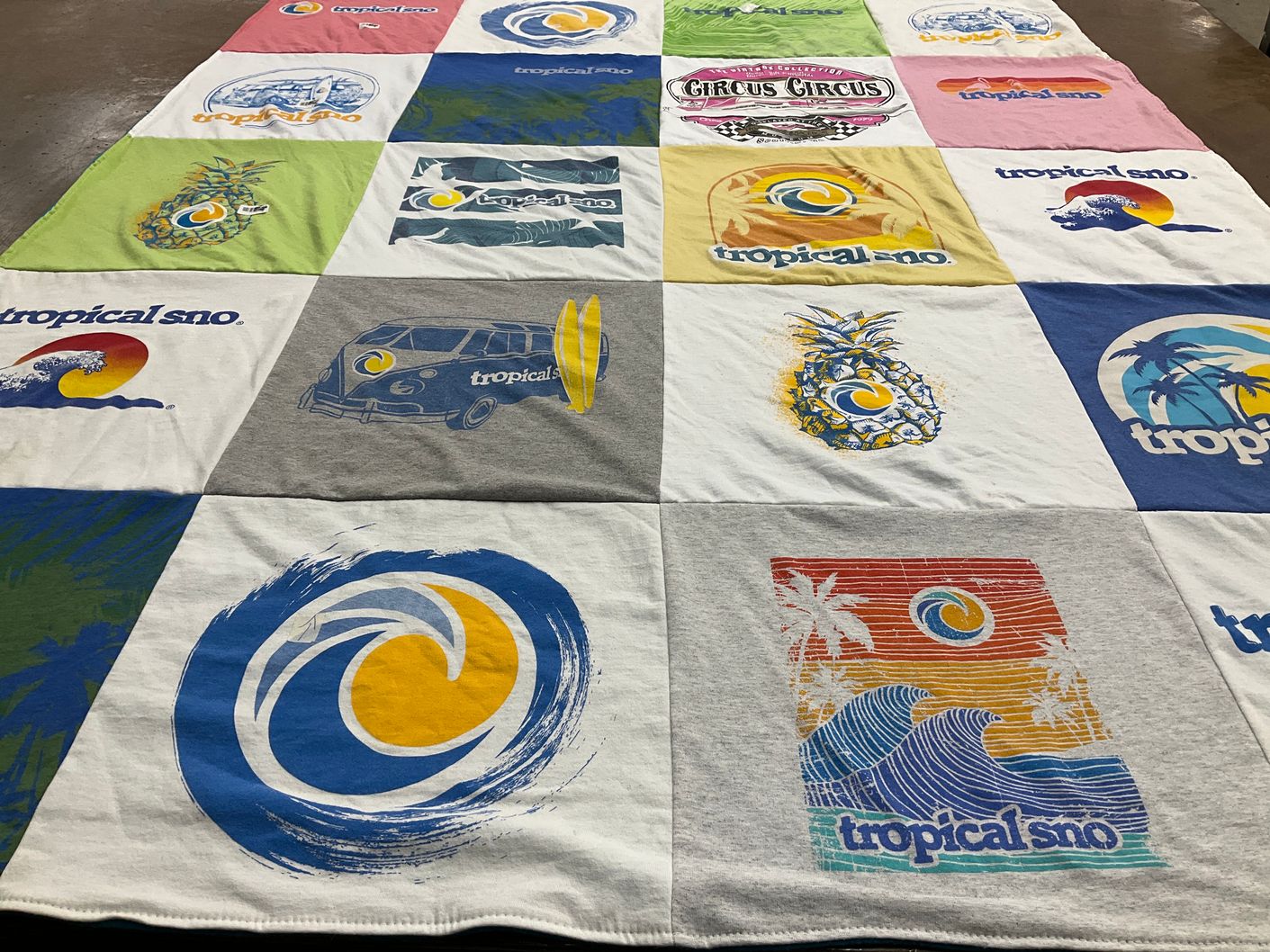 T-shirt quilt with snow cones, tropical flavors themes by Renee from WA
