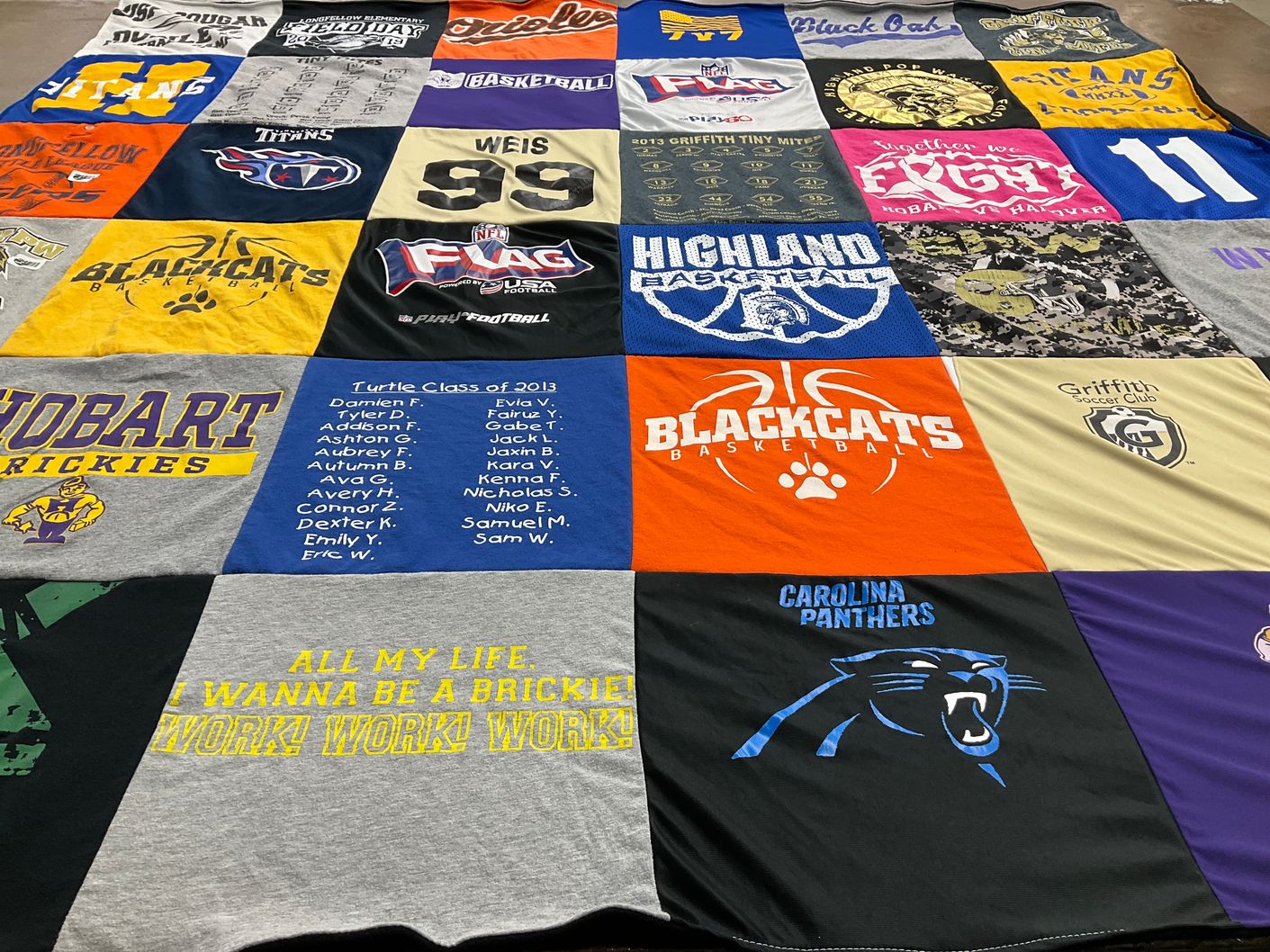 T-shirt quilt featuring carolina panthers, hobart brickies by Mandy from IN