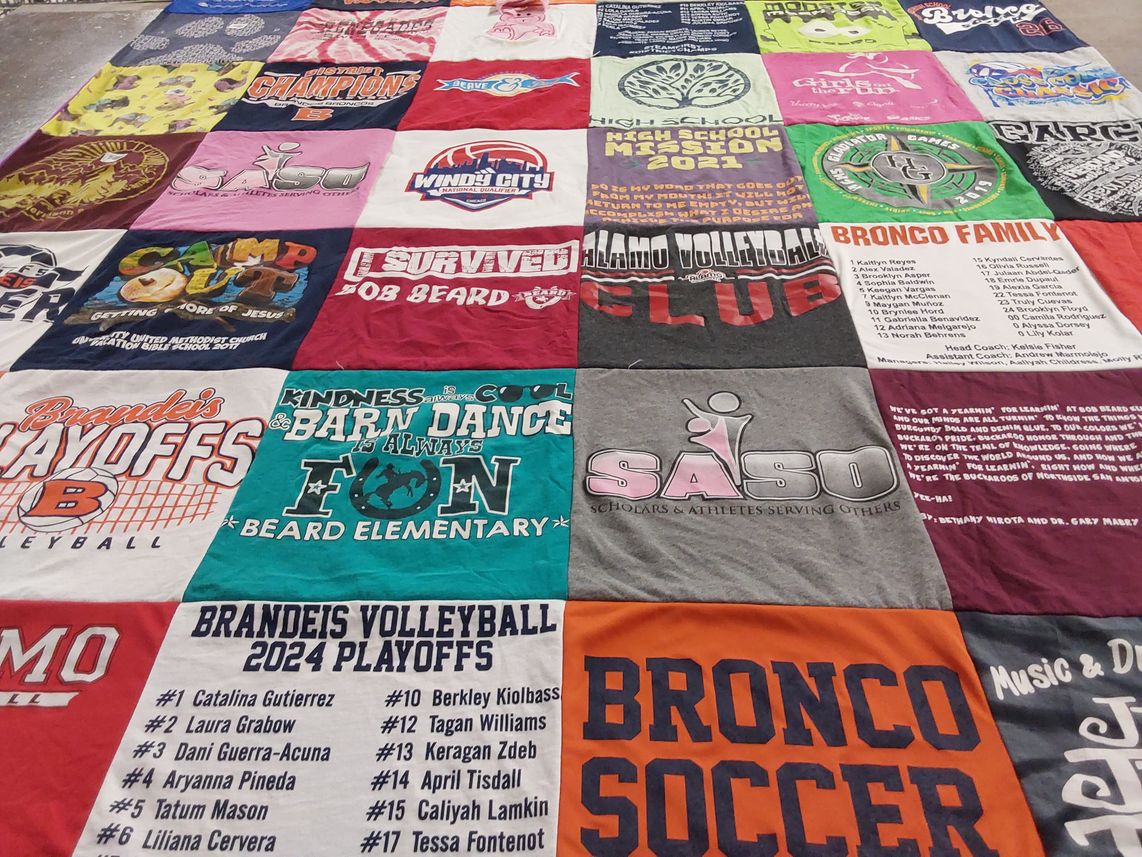 T-shirt quilt featuring brandeis volleyball, bob beard volleyball by Tracey from TX