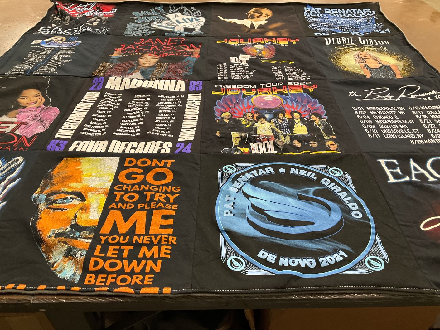 T-shirt quilt with music, concerts themes by Puneh from CA