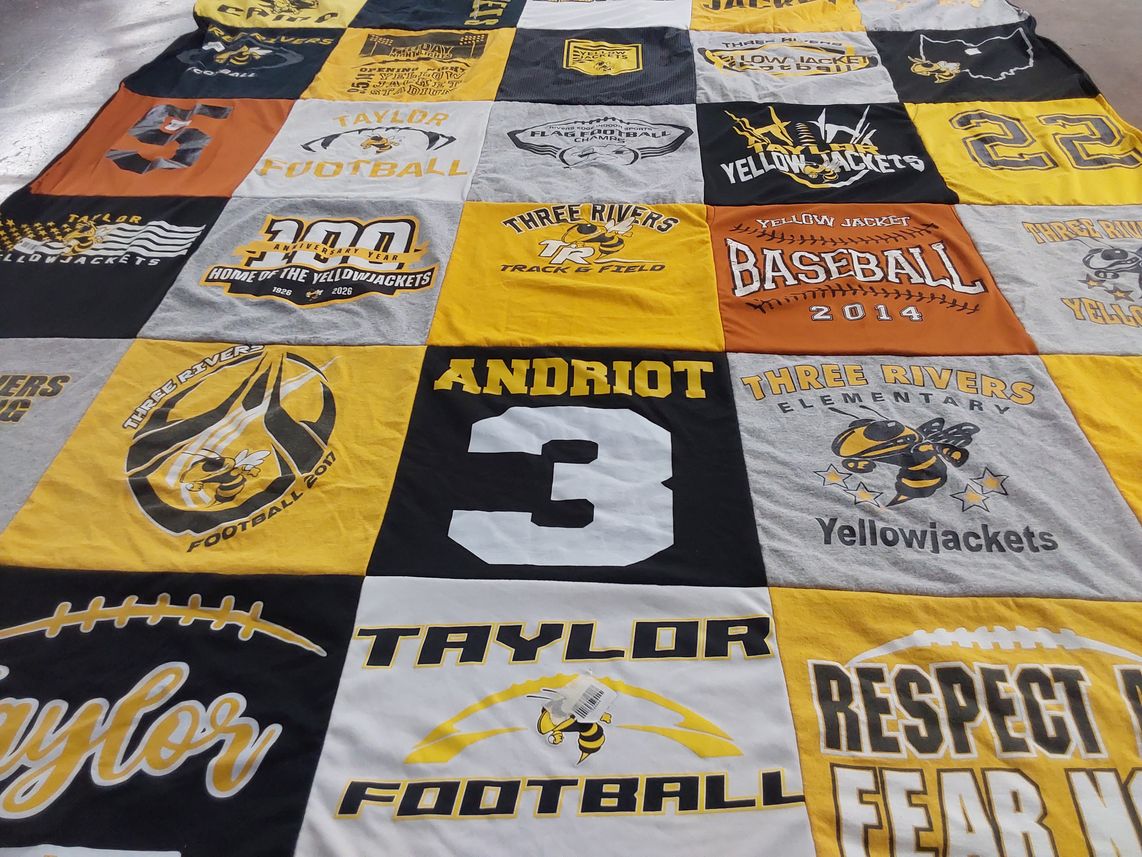 T-shirt quilt featuring taylor yellowjackets by Sommer from OH
