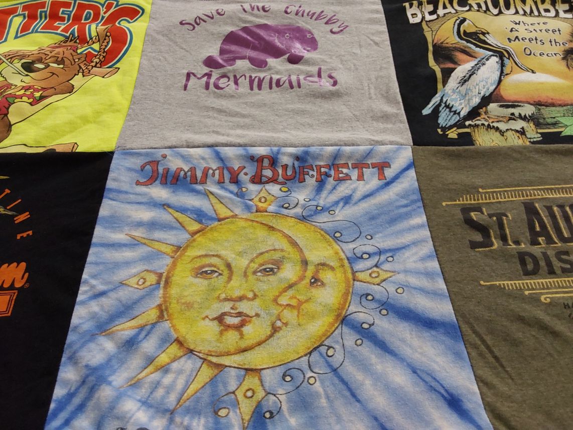 T-shirt quilt with music, ocean themes by Susan from NY