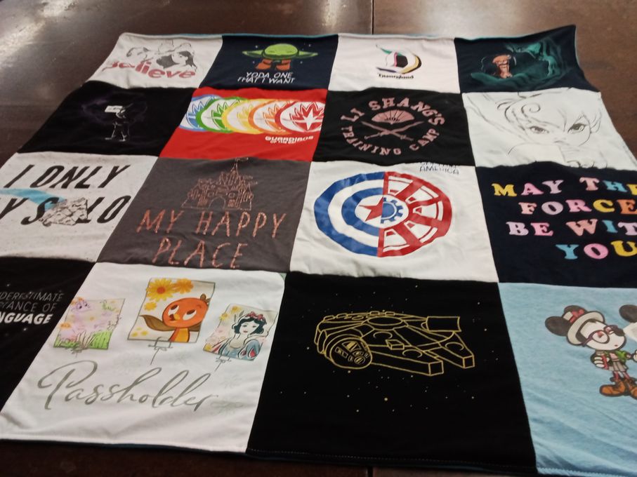 T-shirt quilt with disney, movies themes by Mary from TX