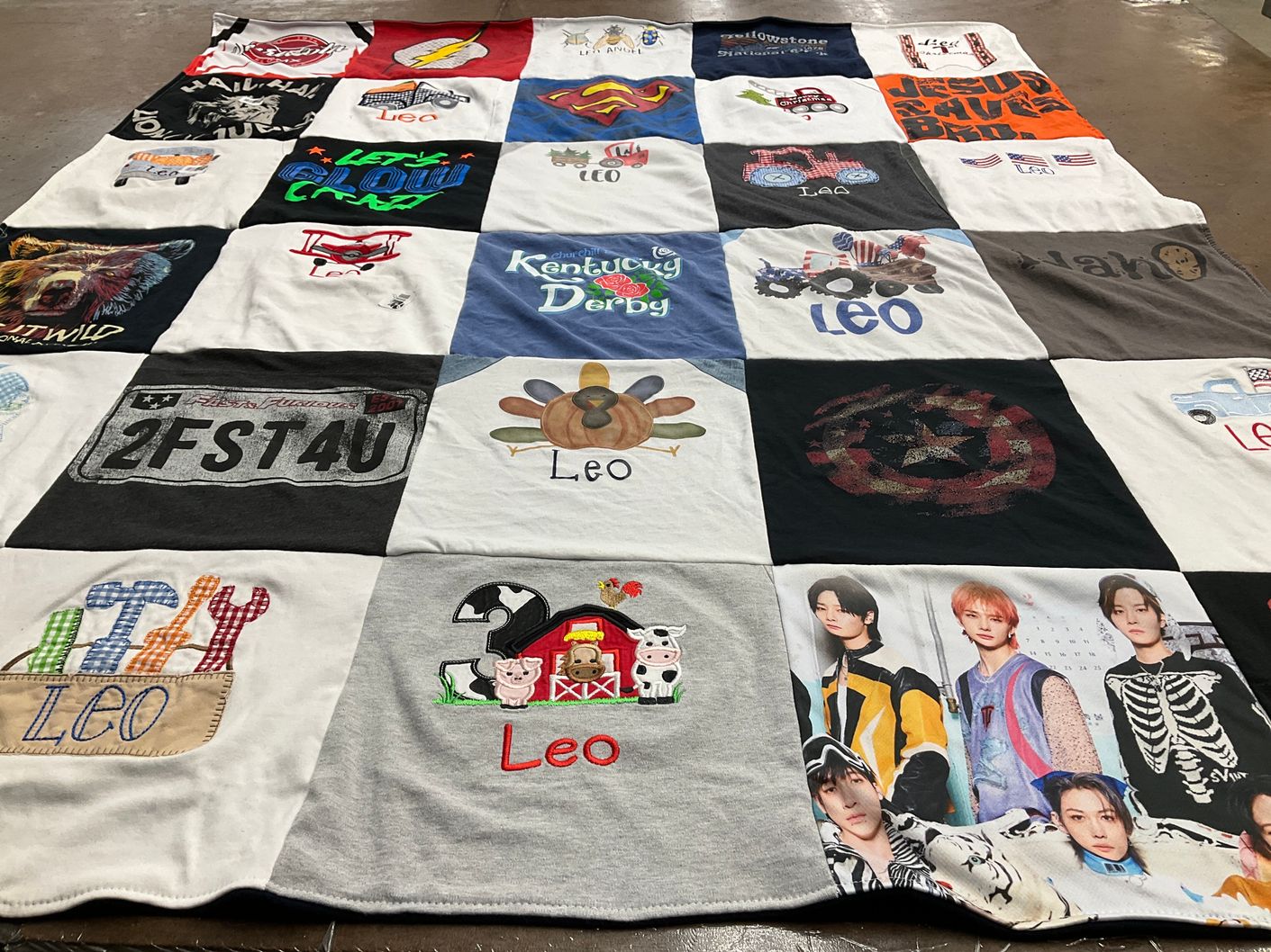 T-shirt quilt with animals, farming themes by Paula from FL