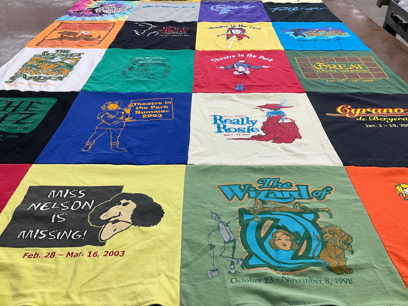 T-shirt quilt with theatre, performing arts themes by Fran from CA