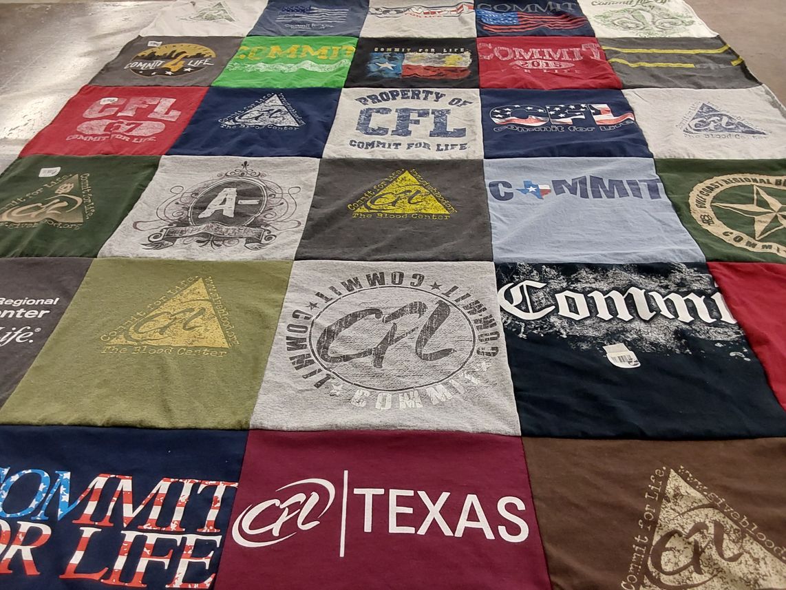 T-shirt quilt with blood donation, community service themes by Russell from TX