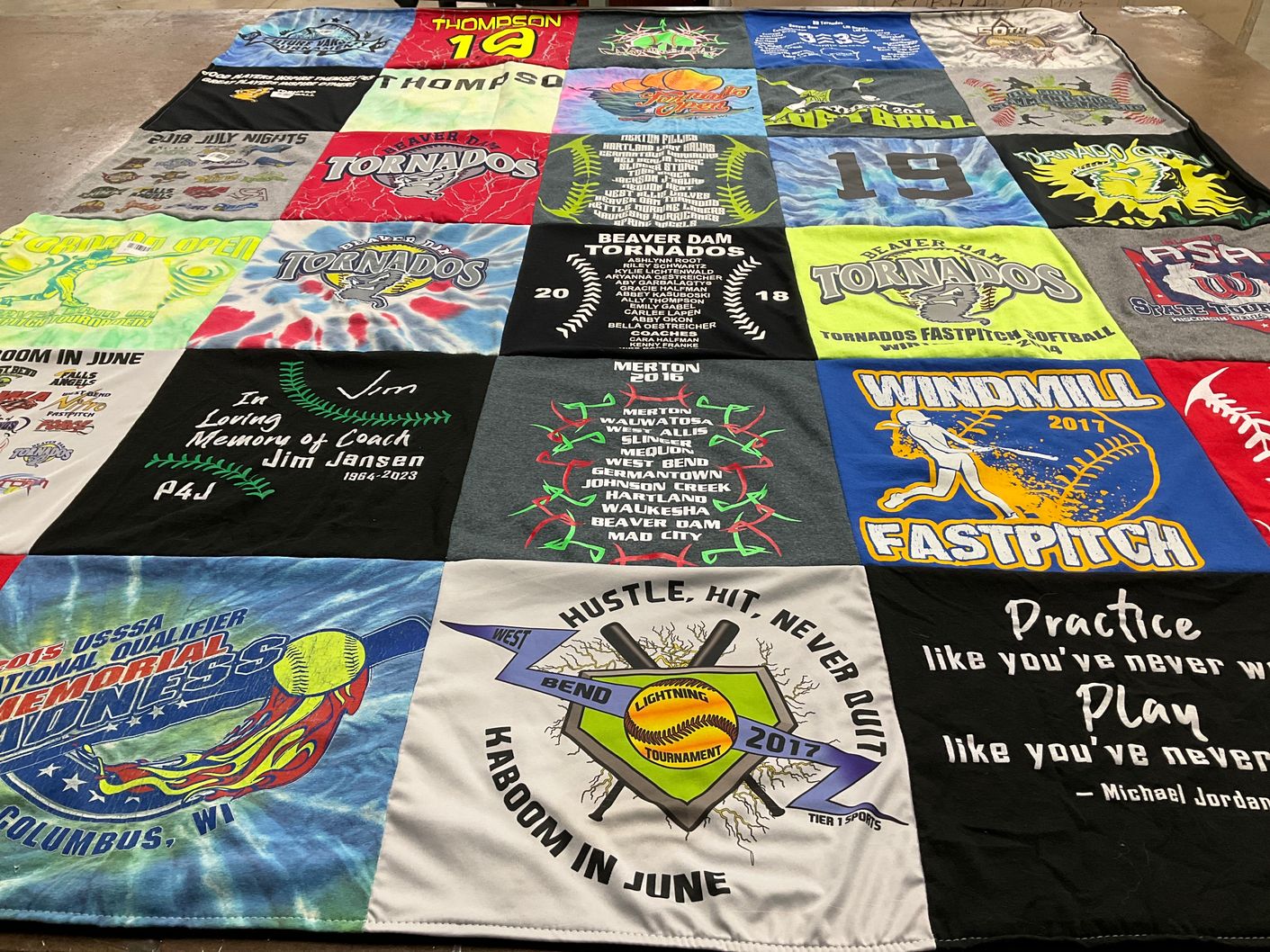 T-shirt quilt with softball, sports themes by Debra from WI