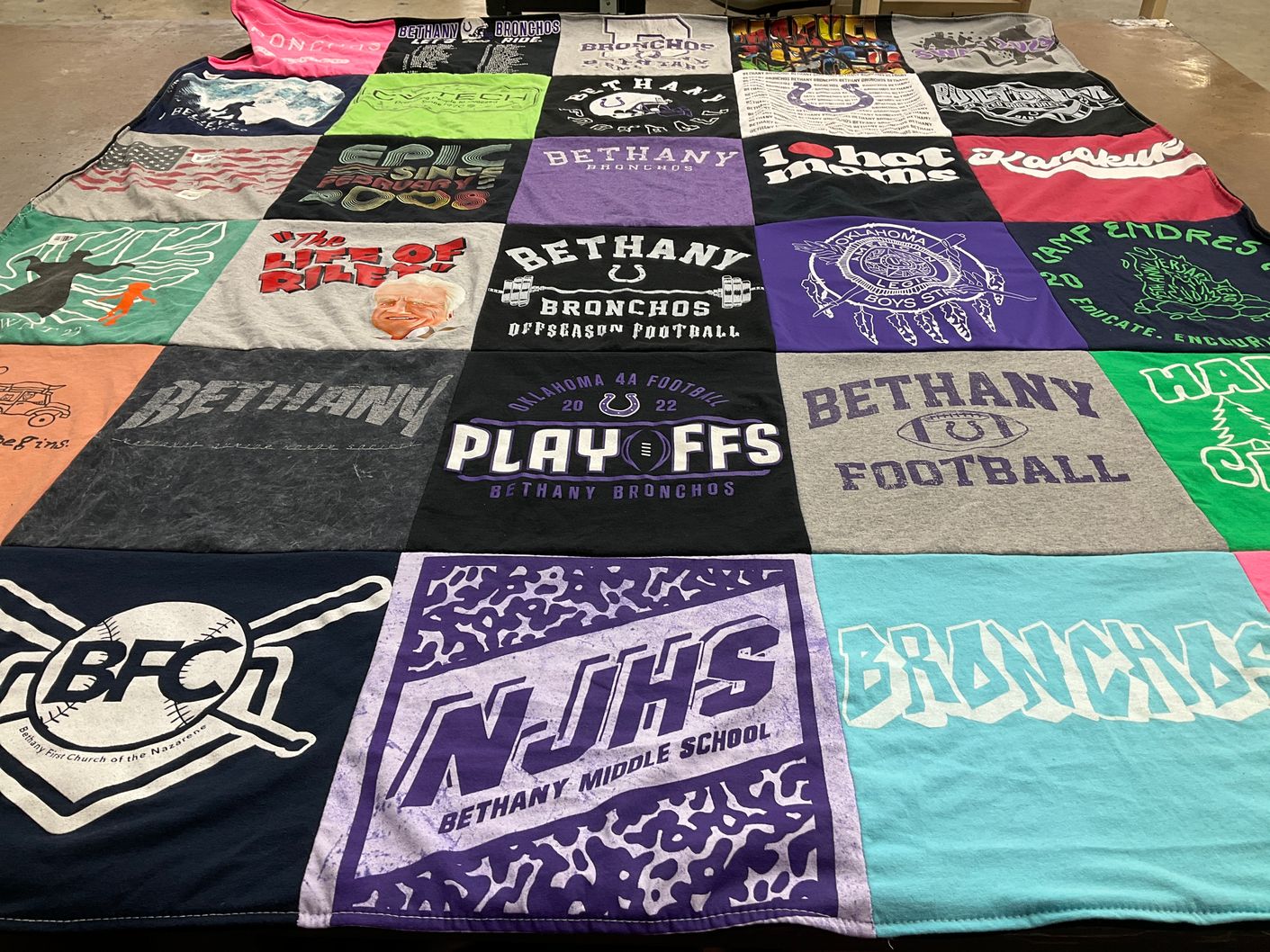 T-shirt quilt featuring bethany bronchos by Rhonda from OK