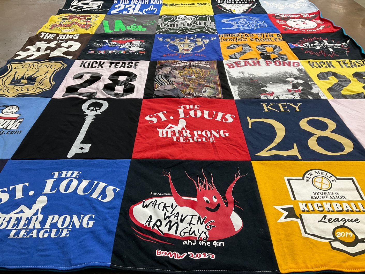 T-shirt quilt with beer pong, kickball themes by Daniel from NV