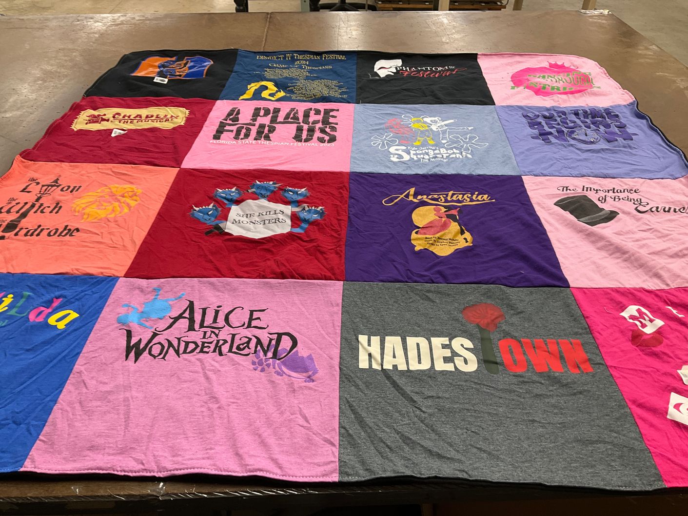 T-shirt quilt with theatre, musicals themes by Cheryl from FL