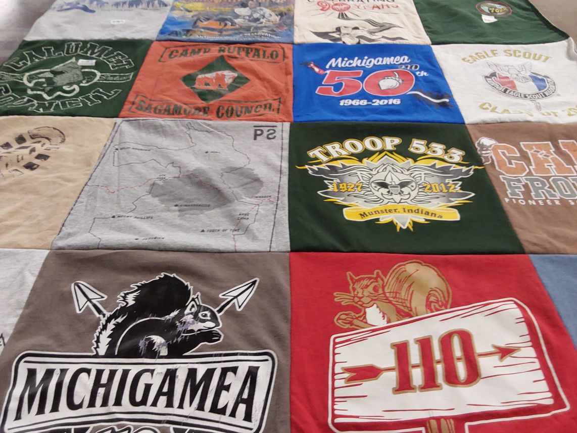 T-shirt quilt with scouting, camping themes by Tricia from IN