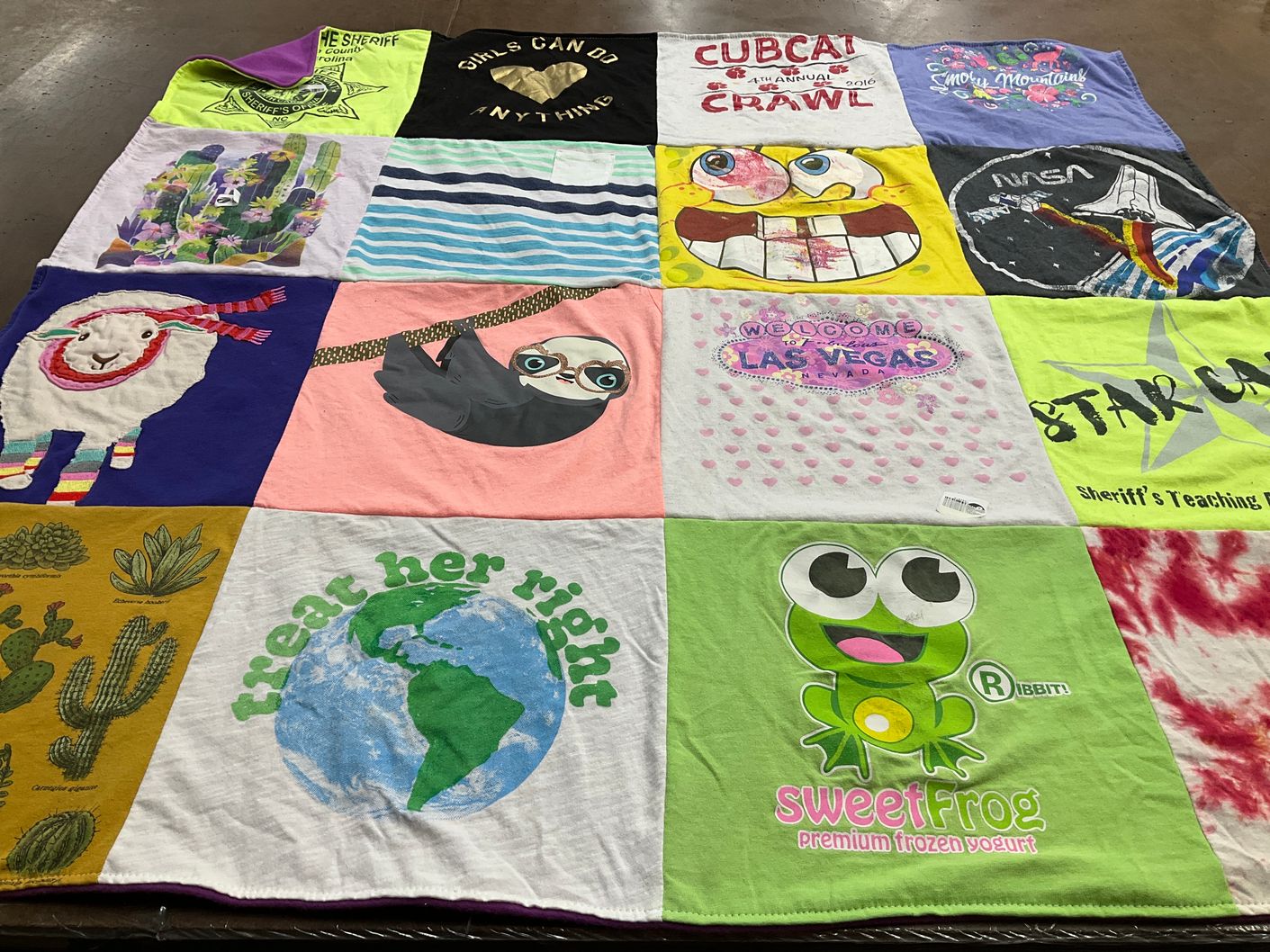 T-shirt quilt with nature, sloths themes by Maggi from NC