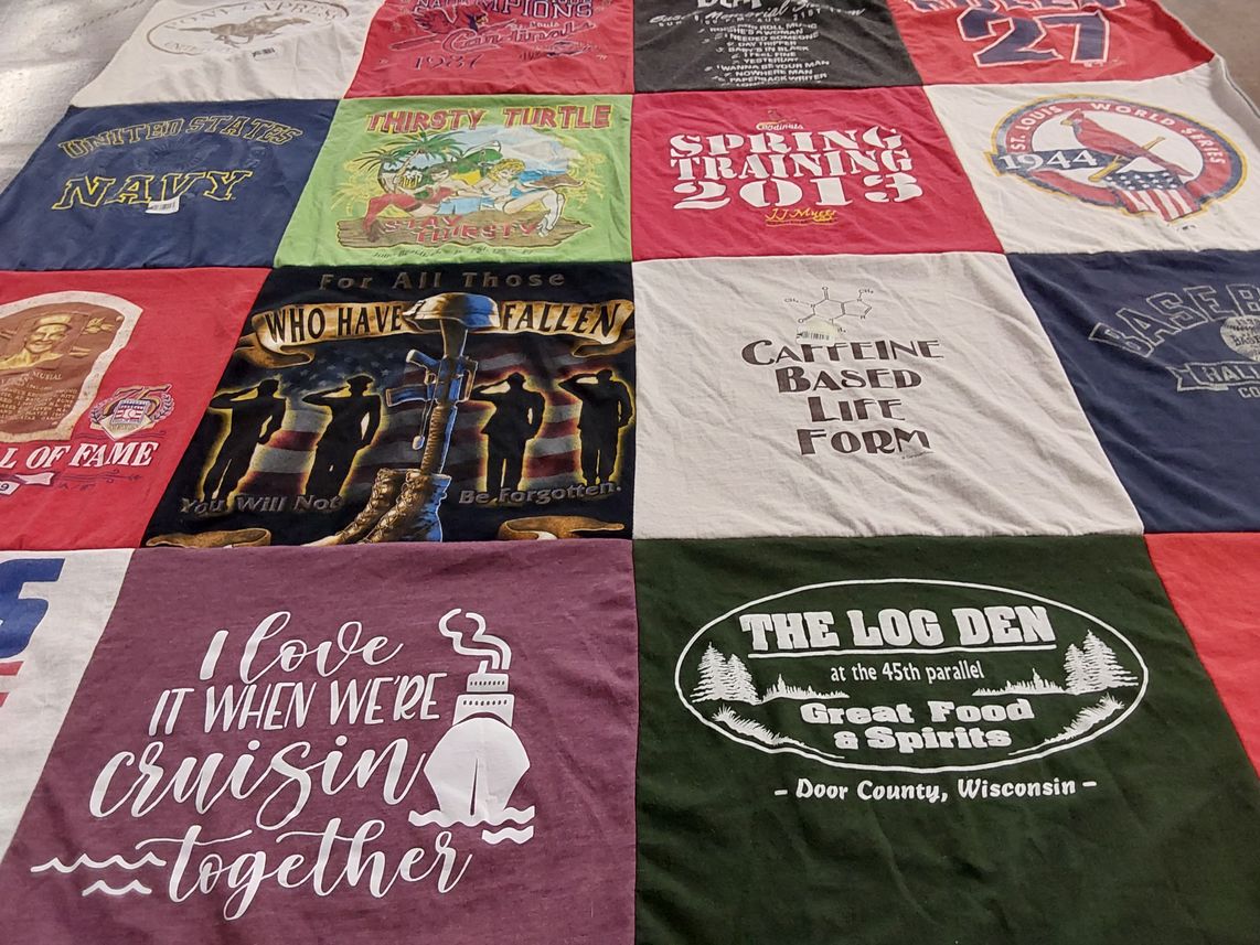 T-shirt quilt with nautical, caffeine themes by Genine from IL