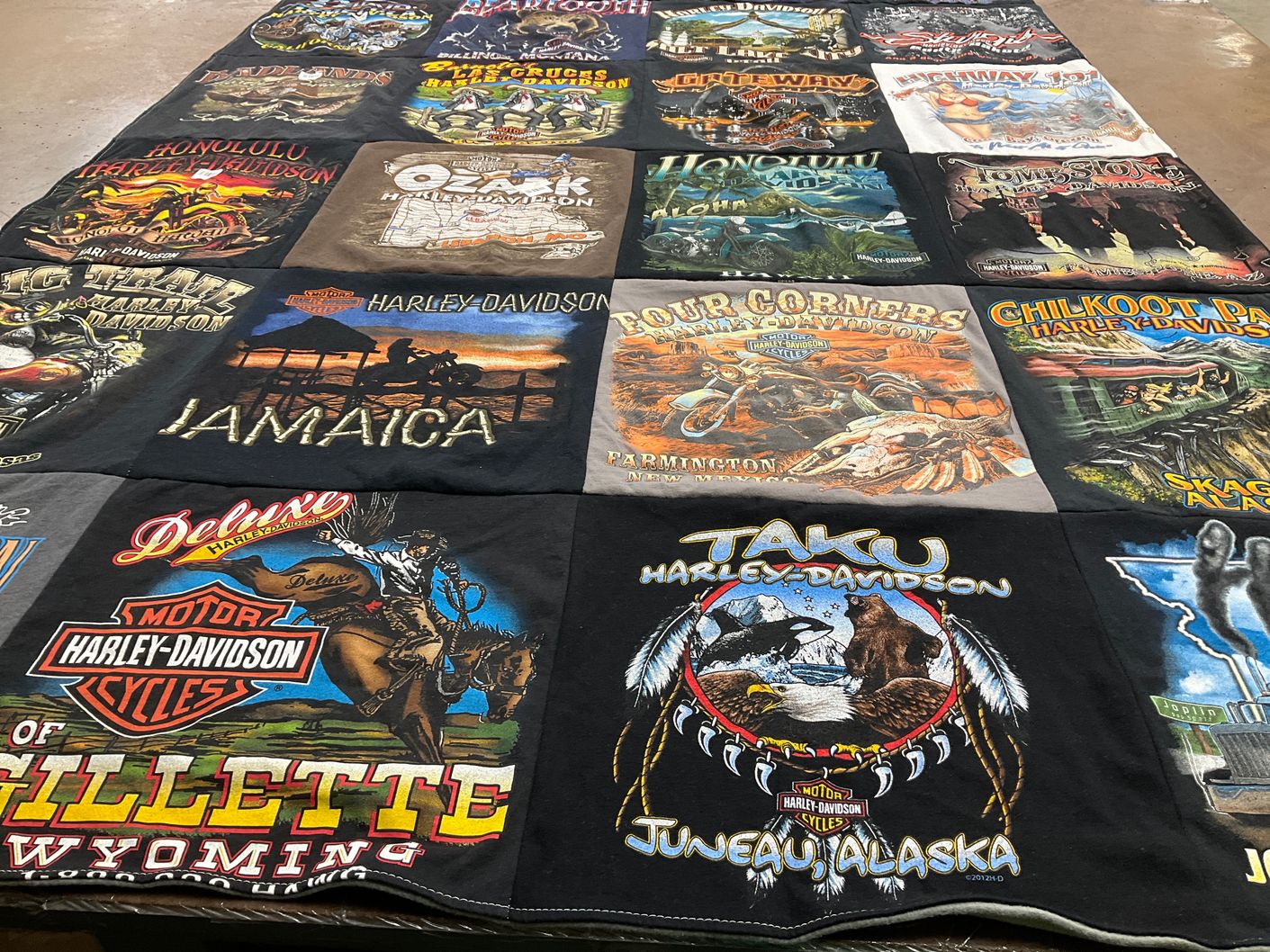 T-shirt quilt with motorcycles, travel themes by Randall from UT