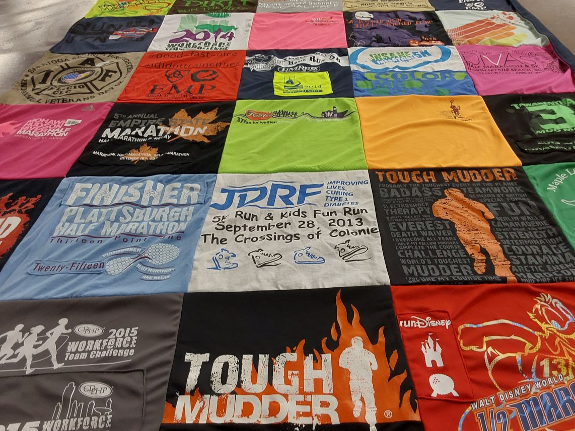 T-shirt quilt with running, fitness themes by Jena from FL