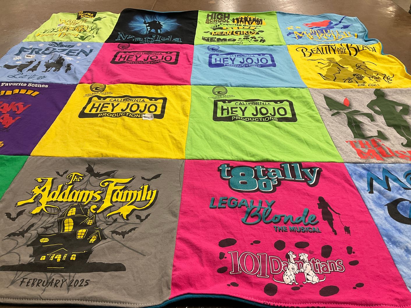 T-shirt quilt with theater, musicals themes by Rose from CA