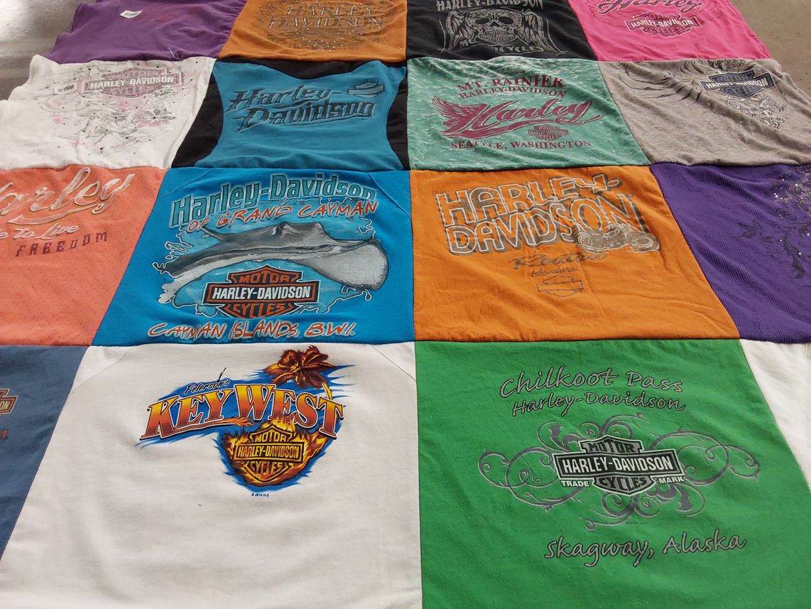 T-shirt quilt with motorcycles, travel themes by Kimberly from VA