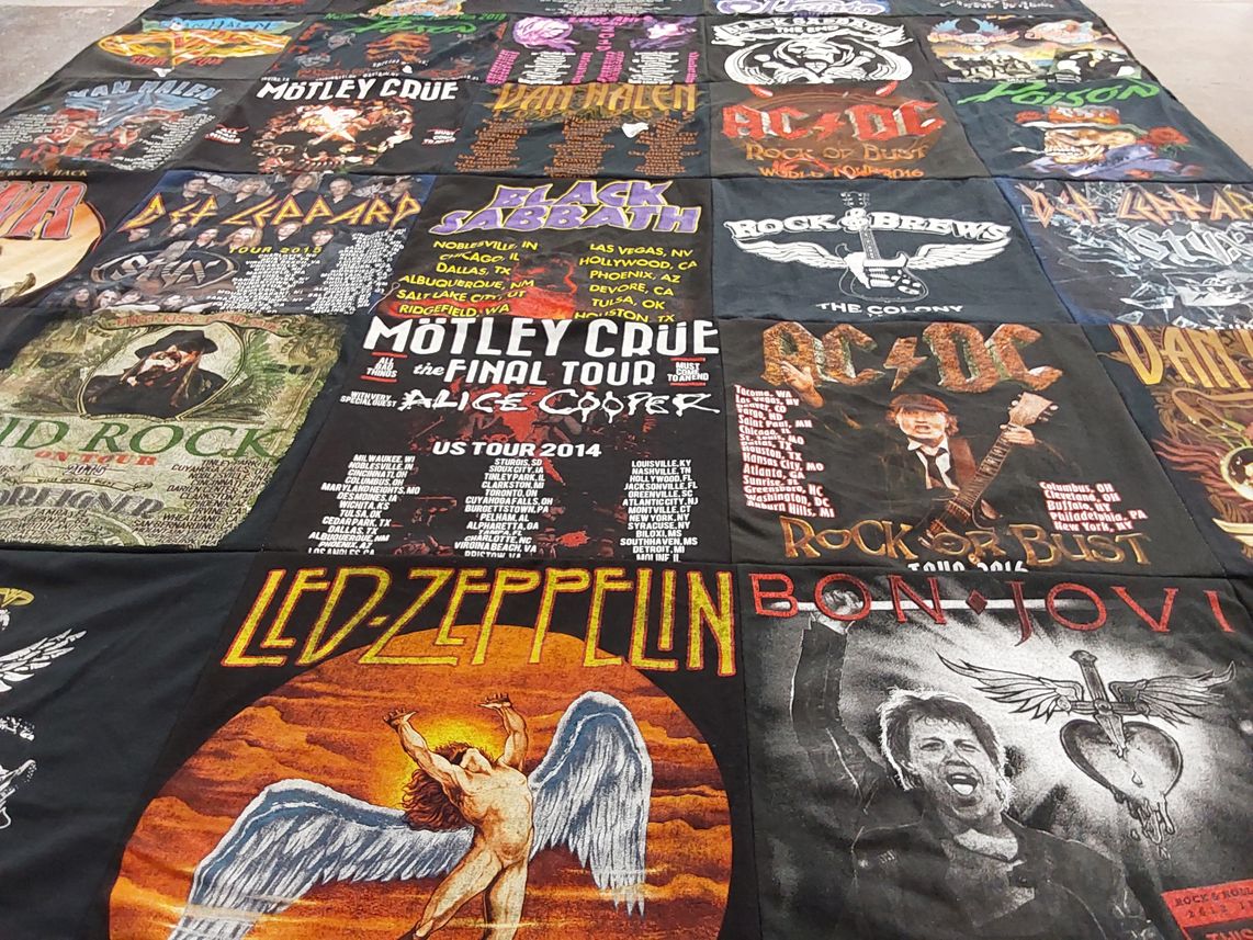 T-shirt quilt with music, rock themes by Tracey from TX