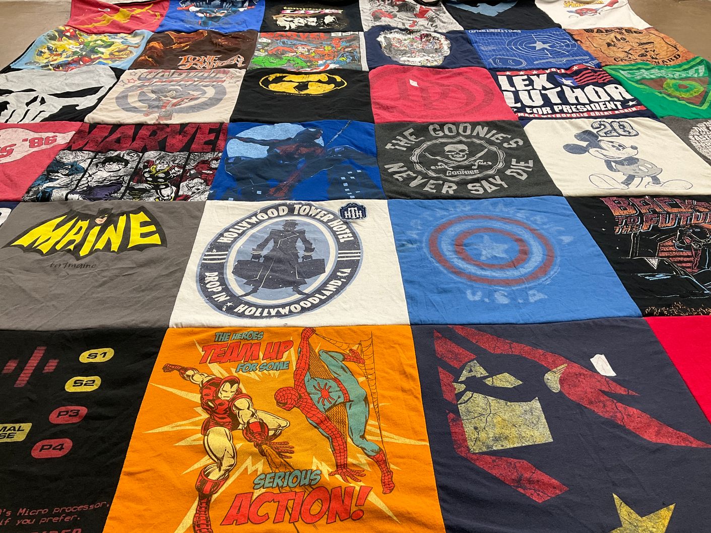 T-shirt quilt with superheroes, movies themes by Shannon from PA
